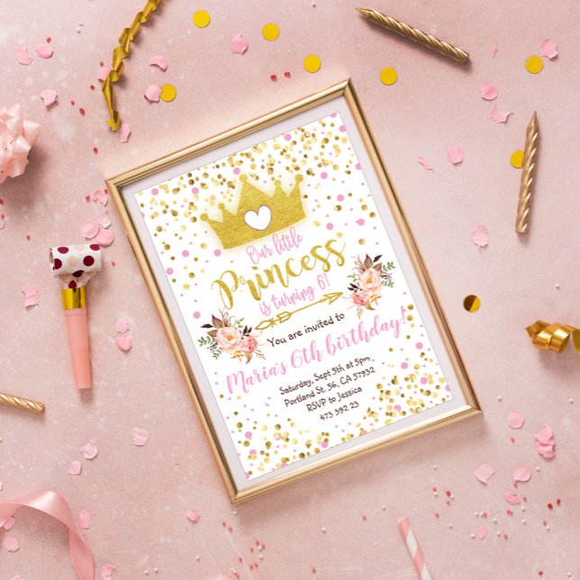 Princesa Rosa Dourada Confetti Convite de Aniversá (Criador carregado)