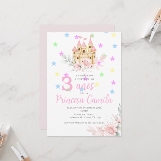 Princesa Terceiro Convite de Aniversário no Castel (Frente/Verso In Situ)