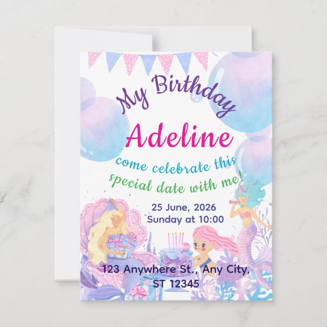 Princess & Mermaid Birthday Invitation Card (Frente)