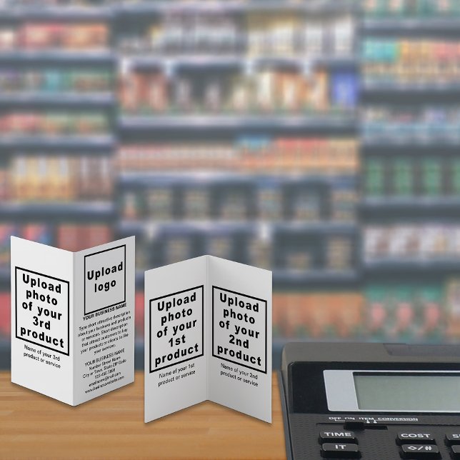 Produtos para empresas em pequenas placas brancas  (Your business brand and products or services on small white folded card displayed in store.)