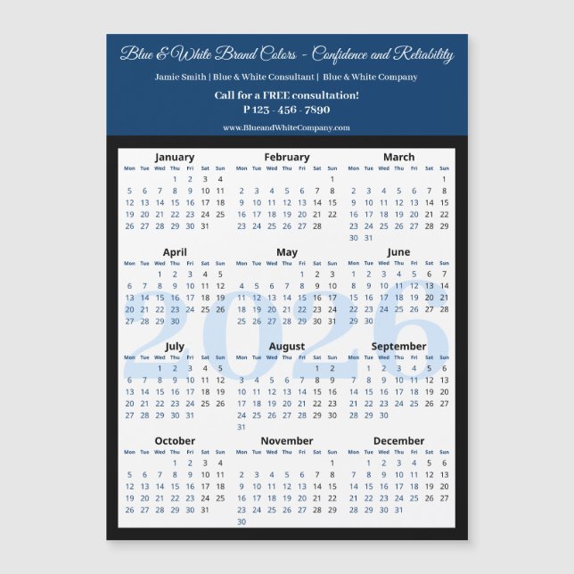 Professional Blue White Black 2026 Calendar Magnet (Frente)