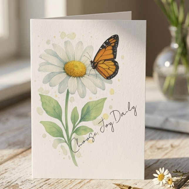 Professor Agradecimento Borboleta Monarca Botânica (Monarch butterfly and daisy "Choose Joy" card for a teacher — sweet graduation gift idea for her)