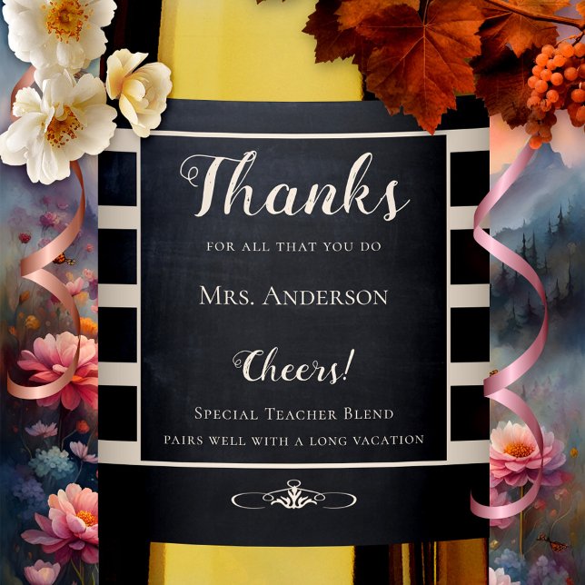 Professor de Chalkboard Obrigado Rótulo de Vinho (Elegant teacher Thank You wine label featuring a chalkboard or blackboard design with stripes)