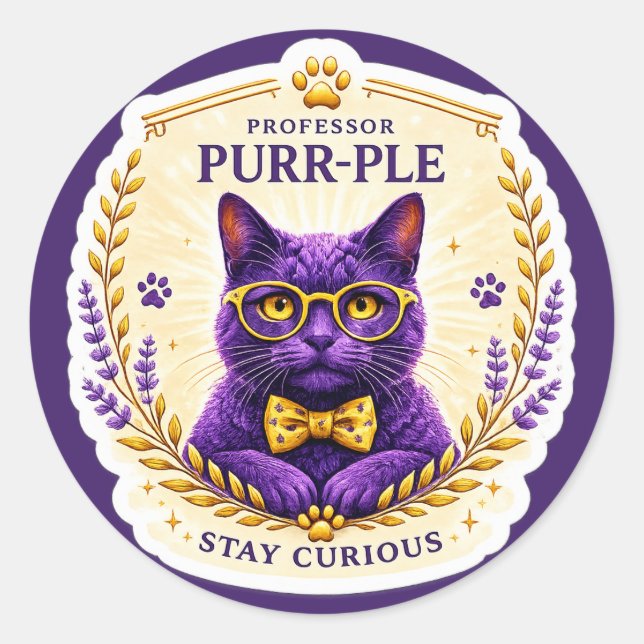 Professor Purr-Ple™ – Adesivo Fique Curioso (Frente)