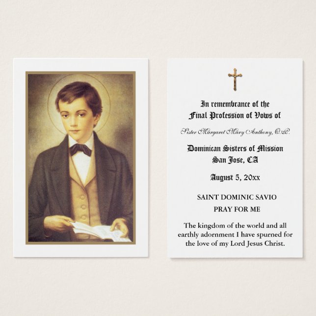 PROFISSÃO CATÓLICA NUN DE VOWS HOLY CARD (Frente & Verso)
