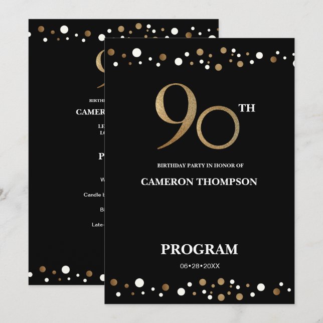 Programa 90 de aniversário do Elegant Dourado e do Confetti (Frente/Verso)