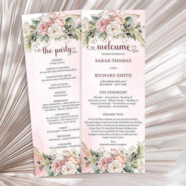 Programa Agenda de Casamento Floral em Rose Gold Eucalipto  (Elegant Rose Gold Floral Eucalyptus Wedding Program)