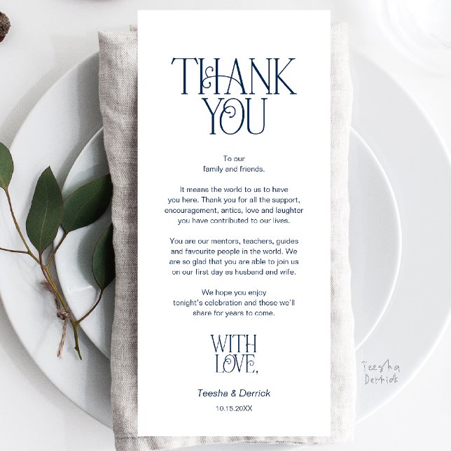 Programa Agradecimento do Local da Cerimônia de Casamento C (Modern Minimalist Wedding Dinner Place Setting Thank You Navy Blue Card)