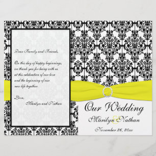 Programa amarelo e preto do casamento tema damasco