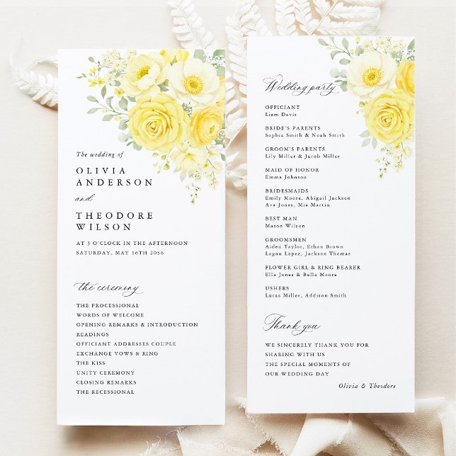 Programa Amarelo Manteiga Marfim Floral Cerimônia de Casame (butter yellow ivory floral wedding program card, ceremony program front and back, elegant stationery)