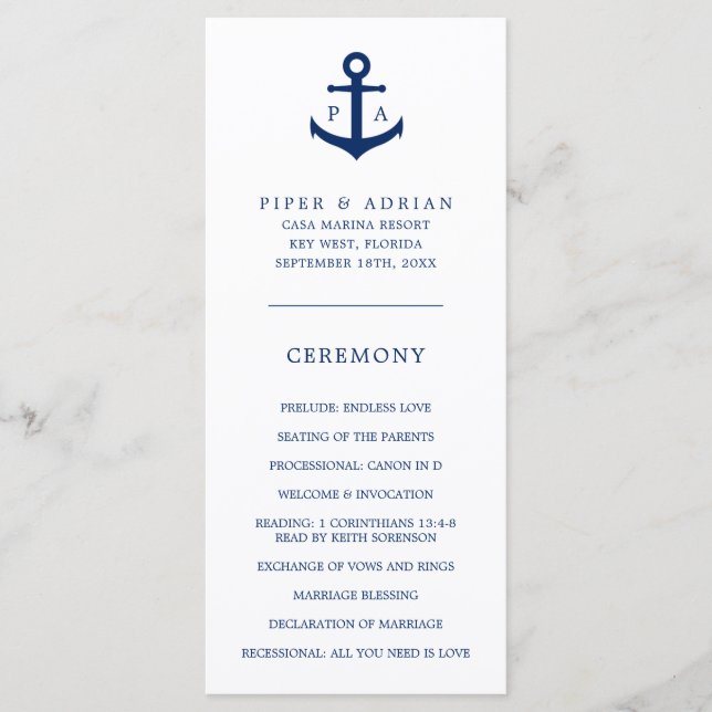 Programa Âncora Monograma Azul Marinho Casamento Náutico (Frente)