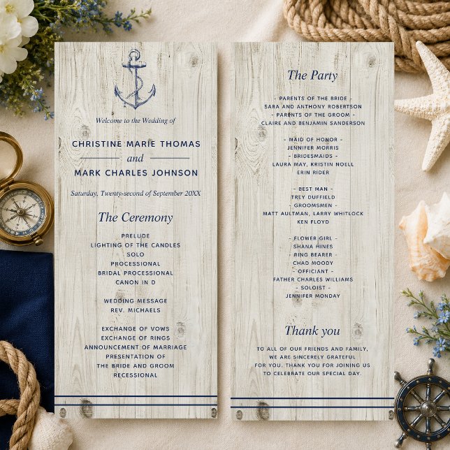 Programa Âncora Naval Náutica Casamento Rústico em Madeira (A nautical-themed program perfect for beach weddings and weddings by the sea! )