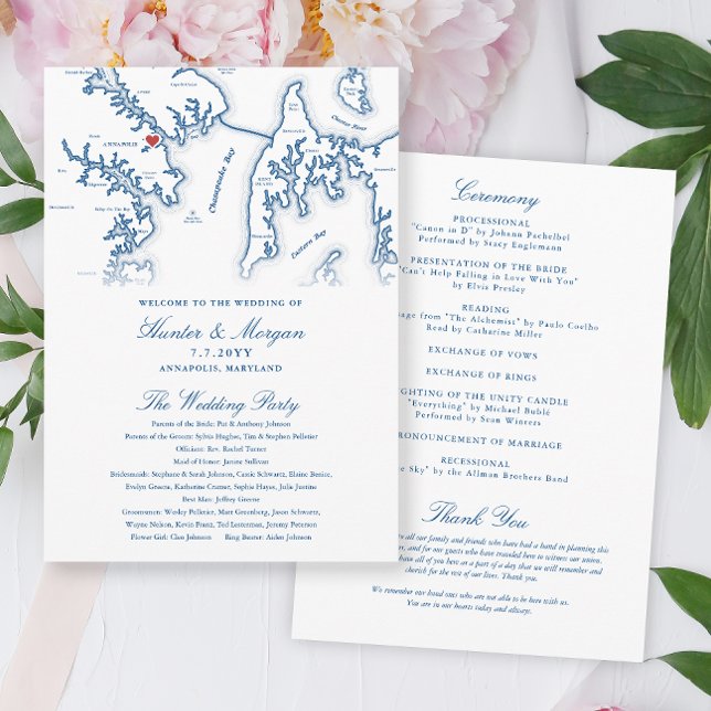 Programa Annapolis Maryland Elegant Wedding Program (Annapolis Maryland Wedding Program in elegant navy blue from Coastal Map Designs)