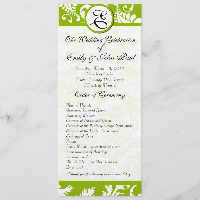 Programa Apple Green Damask Swirls Weding Program (Frente)
