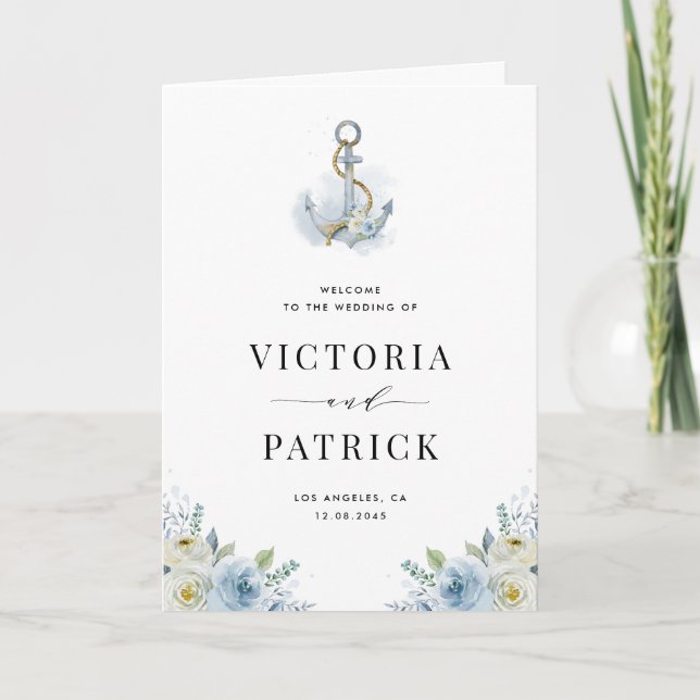 Programa Aquarela Azul Floral Âncora Casamento Náutico (Frente)
