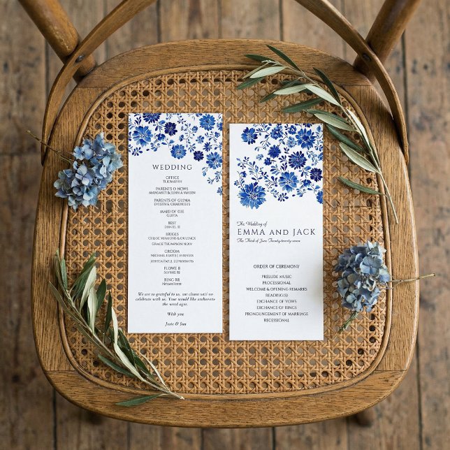 Programa Aquarela Azul Ordem de Cerimônia de Casamento Flor (Watercolor Blue Floral Wedding Order of Ceremony Program)
