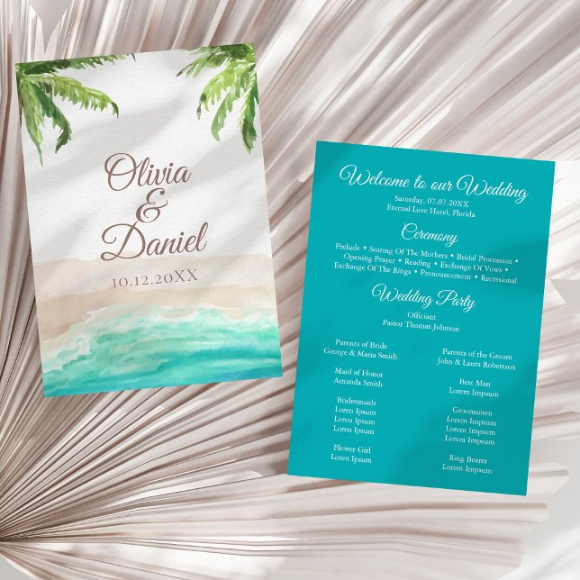 Programa Aquarela Casamento Praia Tropical e Palmeiras (Tropical Beach and Palm Trees Wedding Program on a sunny white dry palm leaf.)