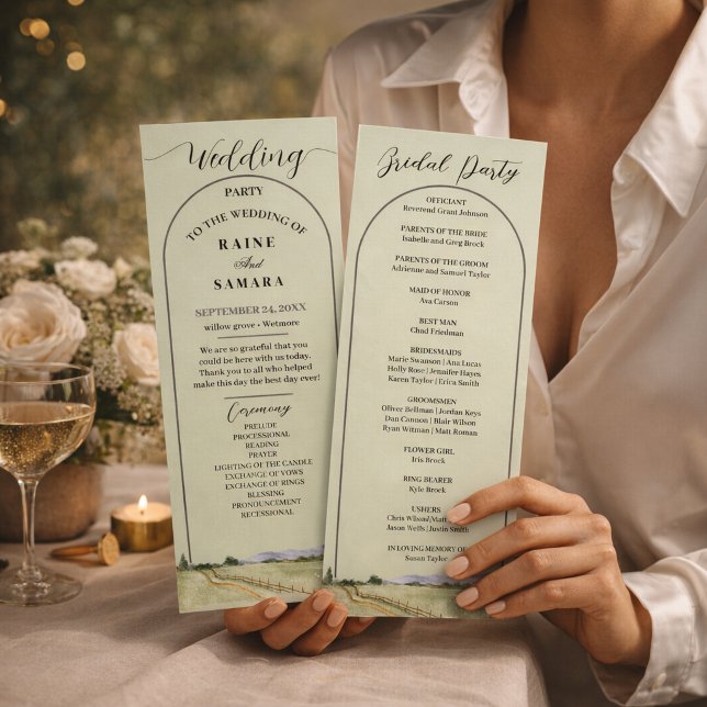 Programa Aquarela Montanha Flor Silvestre Carvão Boho (Watercolor Mountain Wildflower Sage Green Boho Wedding Arch Program)