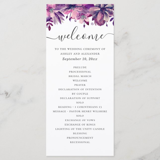 Programa Aquarela roxa e rosa, escrita floral para casament (Frente)