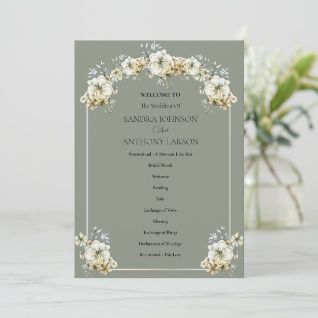 Programa Arched Sage Green Floral Wedding Program (Em pé/Frente)