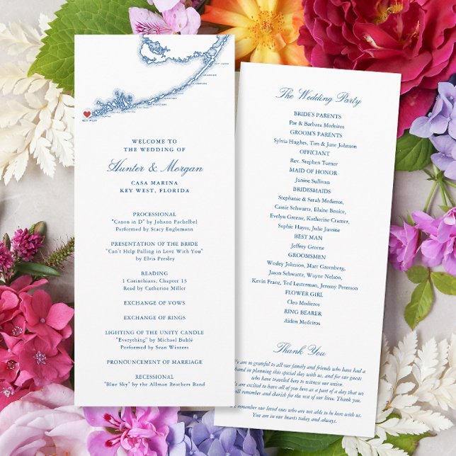 Programa Armamento Azul de Marinho Elegante do Mapa FL Ocid (Key West FL Map wedding program for an elegant navy blue destination wedding by Coastal Map Designs)