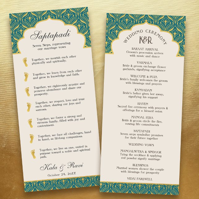Programa Art Deco Floral Lotus Indian & Hindu Wedes (Teal blue gold art deco indian hindu wedding program card with saptapadi seven steps marriage vows)