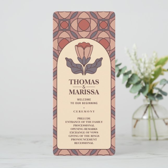 Programa Art Deco Floral Stained Glass Wedding Program (Em pé/Frente)
