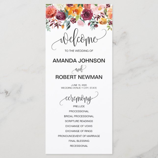 Programa Autumn Burgundy Orange Floral Weding Program (Frente)
