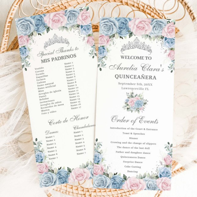 Programa Baby Blue e Rosa Floral Quinceañera Ordem de Event (Criador carregado)