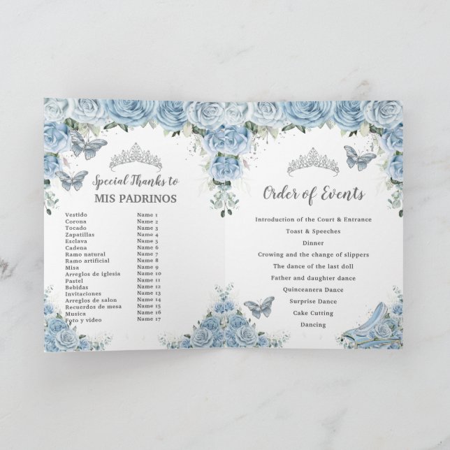 Programa Baby Blue Floral Quinceañera Padrinos Court Honra (Interior)