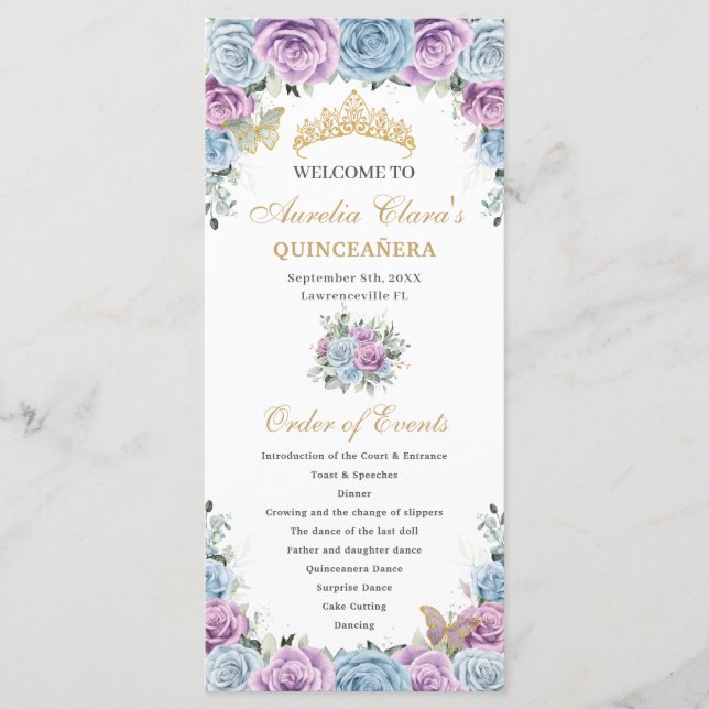 Programa Baby Blue Roxo Floral Quinceañera Ordem de Eventos (Frente)