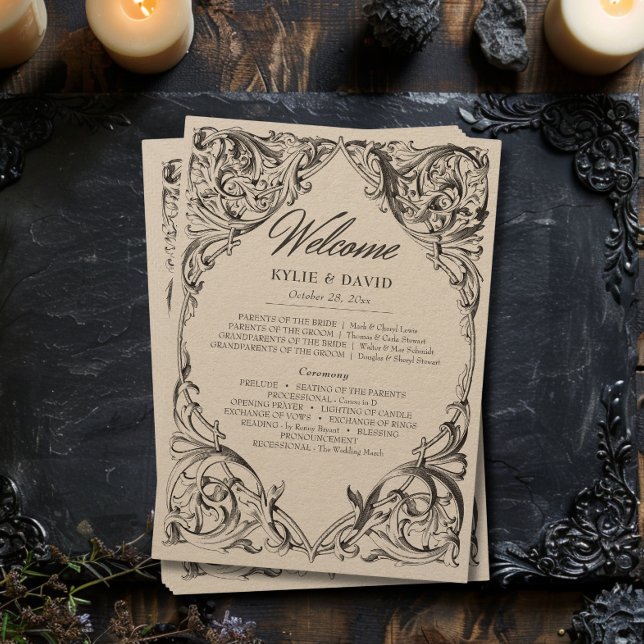 Programa Bat Vitoriano Até Casamento Negro e Tan Mortal (Victorian Bat Until Death Black & Tan Wedding Program)