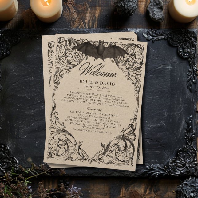Programa Bat Vitoriano Até Casamento Negro e Tan Mortal (Victorian Bat Until Death Black & Tan Wedding Program)