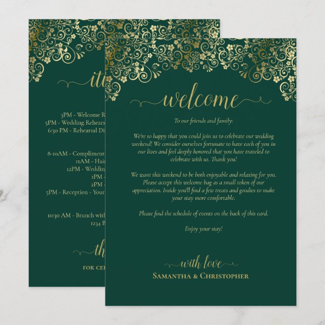 Programa Bem-vindo e Itinerário de Casamento em Verde Esmer (Frente/Verso)