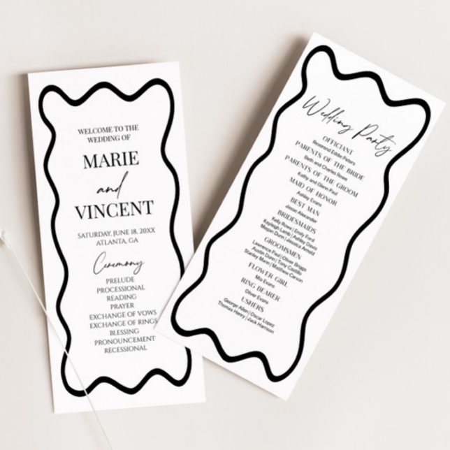 Programa Black White Elegant Wavy Border Wedding (Criador carregado)