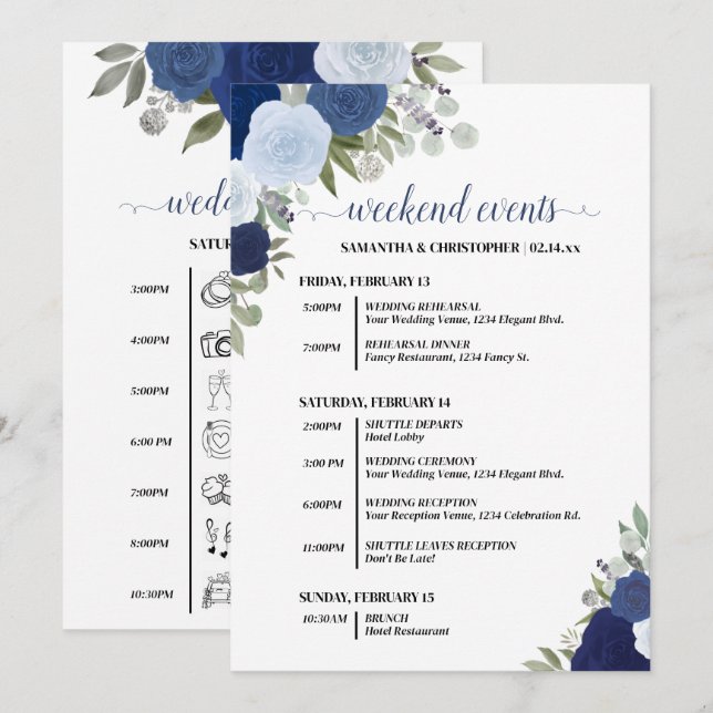 Programa Blue Boho Roses Wedding Events & Timeline (Frente/Verso)