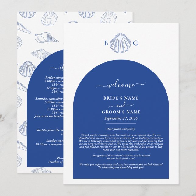 Programa Blue Clam Seashells Coastal Wedding Itinerary (Frente/Verso)