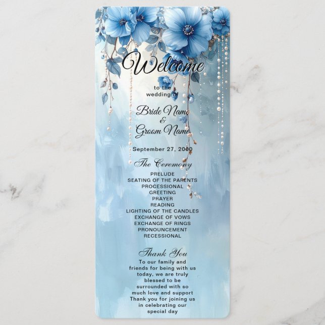 Programa Blue Flowers and Pearls Wedding Program (Frente)