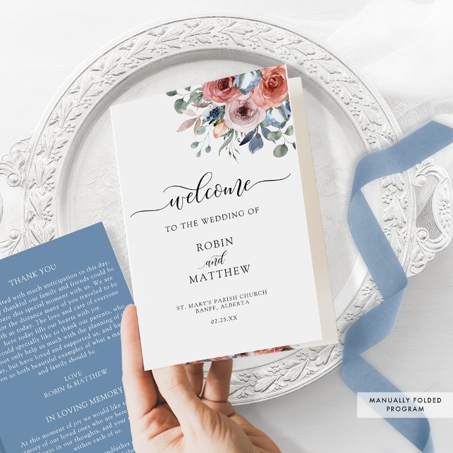 Programa Blush and Blue Floral Folding Wedding (Criador carregado)