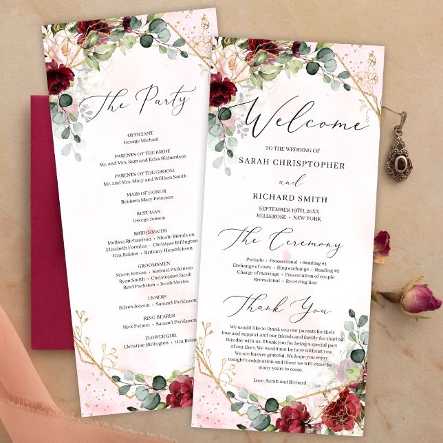Programa Blush burgundy, casamento geométrico de ouro flora (Chic deep red merlot flowers roses mixed eucalyptus greenery and gold geometric wedding program )