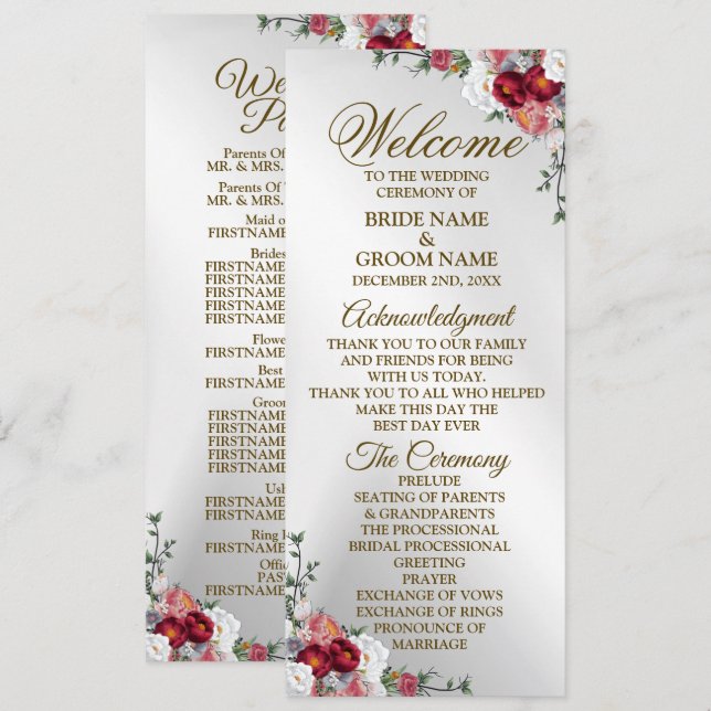 Programa Boas-vindas Boas-vindas Prata Floral Vermelha Colo (Frente/Verso)