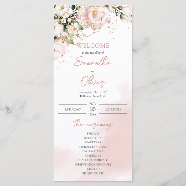 Programa Boho Cerimônia de Casamento de Rosas Florais Rosa- (Frente)