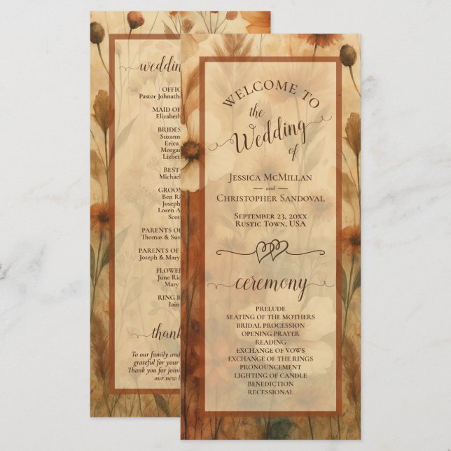 Programa Boho Chic Sienna Wildflowers Elegant Wedding (Frente/Verso)