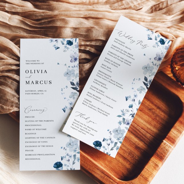 Programa Boho Dusty Blue Wildflower Elegant Weding Program (Front/Back)