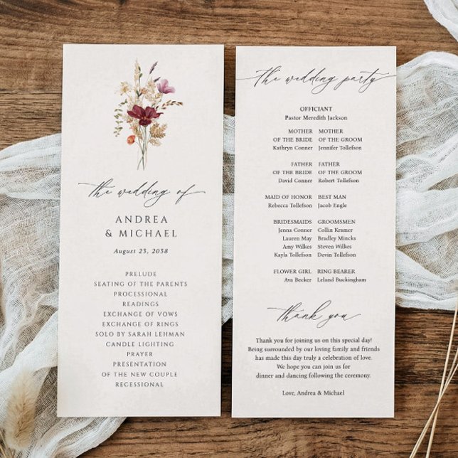 Programa Boho Elegante Casamento de Outono com Flores Silve (Fall wildflowers boho wedding programs - simple watercolor printed wedding programs - vintage text.)