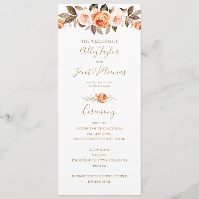 Programa Boho Fall Floral Burnt Orange Weding Program (Frente)