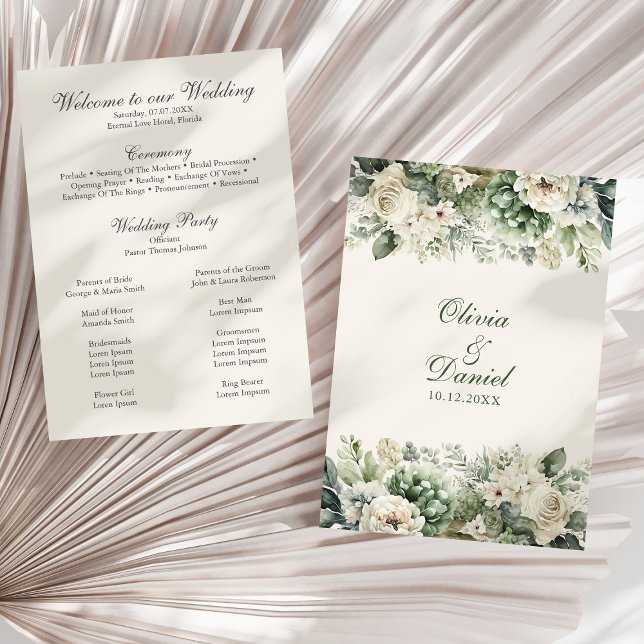 Programa Boho Sage Green and Ivory Flowers Weders Program (Boho Sage Green and Ivory Flowers Wedding Program on a sunny neutral dry palm leaf.)