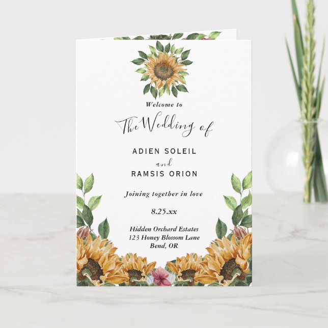 Programa Boho Sunflower Rustic Wildflower Dobra Casamento (Frente)