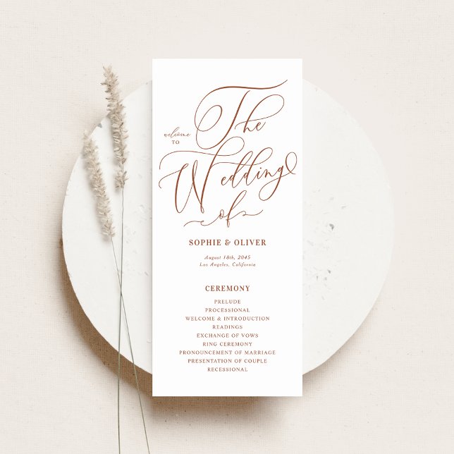 Programa Boho Terracotta Whimsical Calliographic Wedds (Customizable wedding programs card featuring terracotta whimsical calligraphy. )