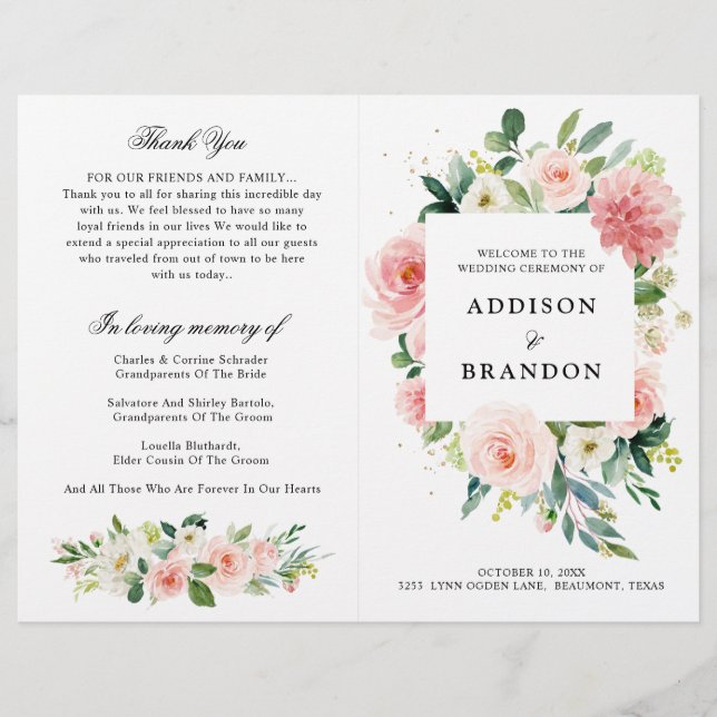 Programa Bonito de Casamento Botânico Rosa-Rosa Pa (Frente)